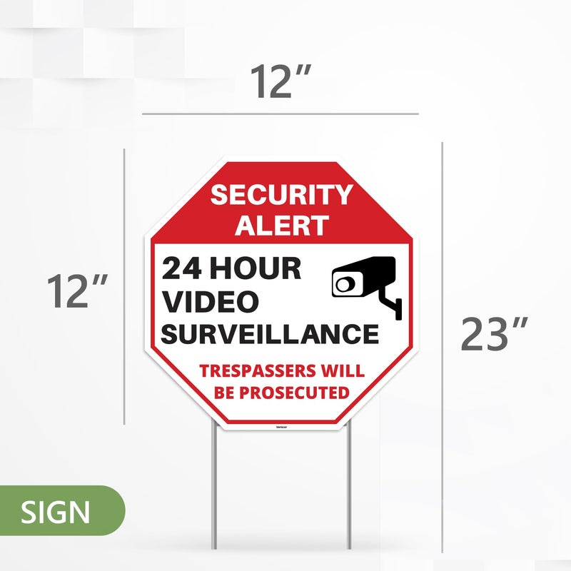 Venicor 2PC 24 Hour Video Surveillance Sign with Stakes, 12"x12" - Corrugated Plastic - No Trespassing Signs for Home Outdoor Yard - Private Property Security Camera Alert Warning - Image 3